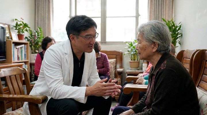 吳紹琥醫師於門診與家屬溝通如何應對長照壓力。 專業照護員到府服務以減輕家庭面臨的長照壓力。 透過資源地圖整合社區網絡有效化解長照壓力。 展示長照資源導航卡協助民眾對抗長照壓力困局。