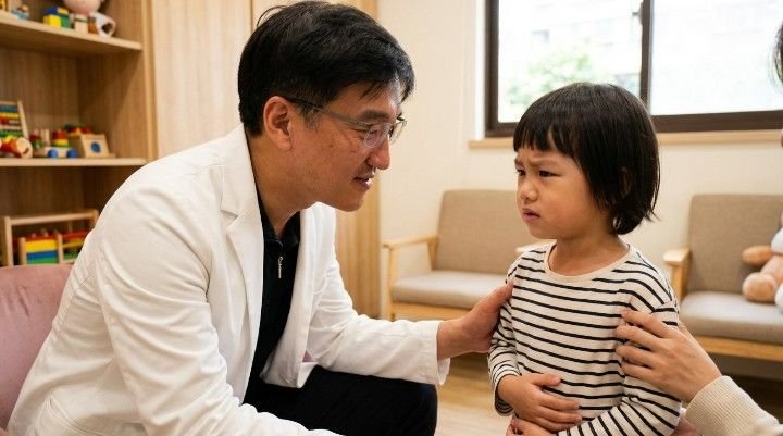 吳紹琥醫師蹲下身與孩子溫和交流；一個九歲兒童在診間沉默不語；祖孫倆的隔代教養生活片段；兒童不明原因的身體疼痛示意圖；醫師與家長（祖父母）的諮詢對話；關係導向式問診情境示意；醫師耐心傾聽兒童內心話；孩子在診間感受到安心與被接納。