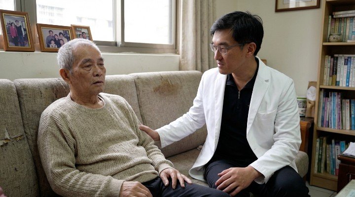 醫生為顯得虛弱的老人診斷老人甲亢症狀 體重減輕且神情淡漠的老人甲亢患者案例 醫院檢查報告顯示數值異常的老人甲亢指標