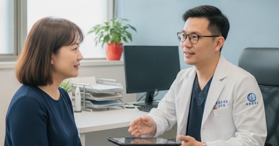吳芮醫師於診間分析保養重點，桌面擺放專業醫美儀器。