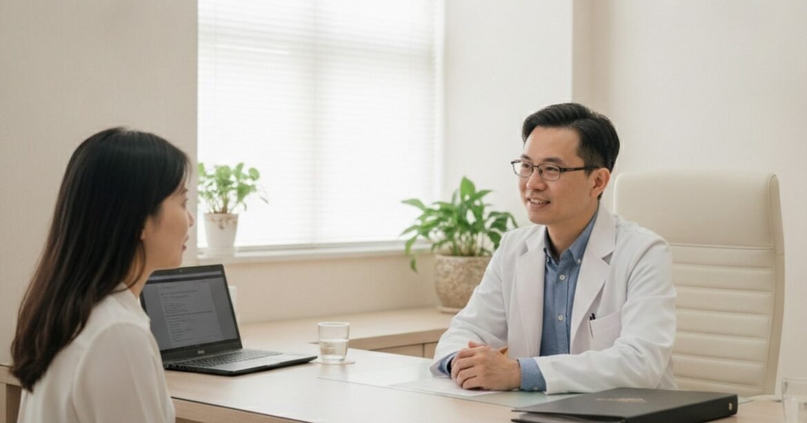 在明亮的診間中，吳芮醫師正專注為患者解說外泌體治療的比較案例分享細節。